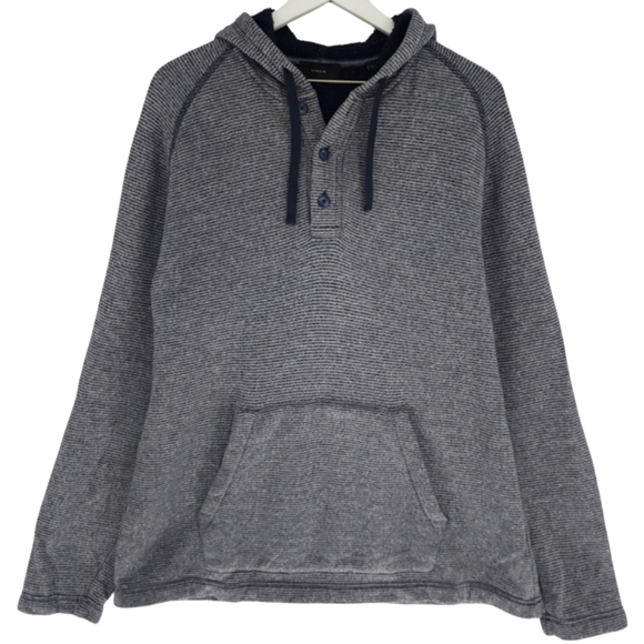 Vince Men's Stripe Beach Terry Hooded Henley Sweatshirt Coastal/Leche - Picture 2 of 9